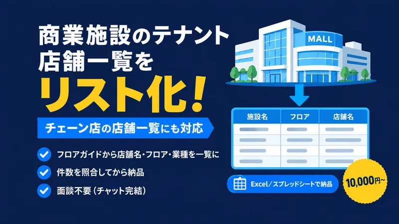 商業施設のテナント・店舗一覧をリスト化するパッケージの表紙。フロアガイドから店舗名・フロア・業種を一覧にし、件数を照合してから納品する。チェーン店の店舗一覧にも対応。面談不要、10,000円〜。