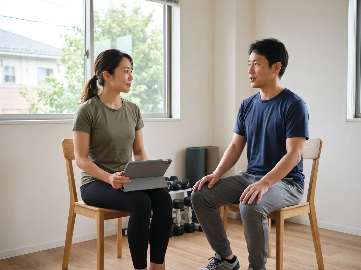 個室で向かい合って椅子に座り、タブレットを膝に置いたトレーナーが利用者の話を聞いている様子