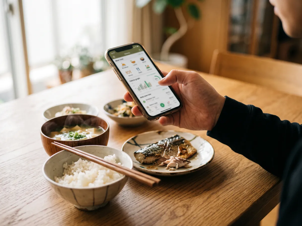 木のテーブルに並んだ和定食（焼き魚・味噌汁・白米・小鉢）のそばで、食事記録アプリを開いたスマートフォンを持つ手元